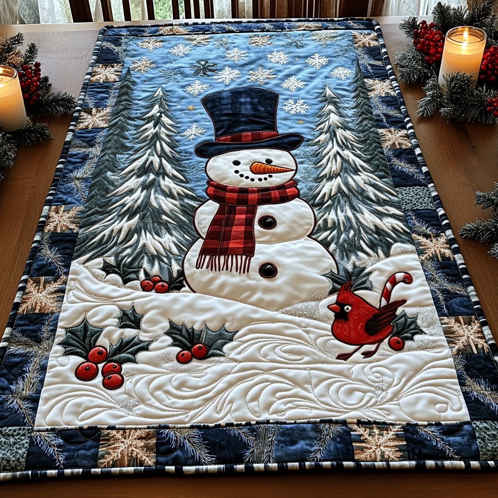 Snowman Among Pines on Blue Table Runner