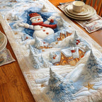 Snowman Above a Snowy Village Table Runner
