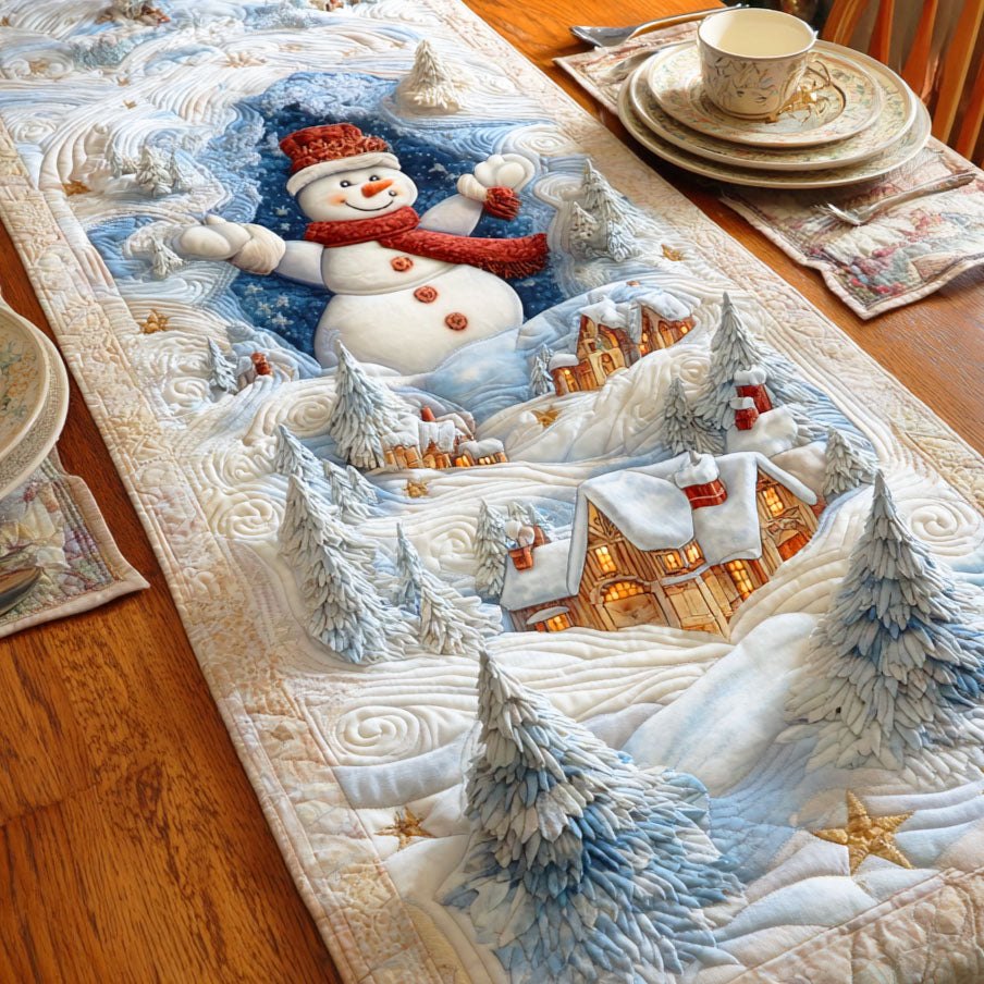 Snowman Above a Snowy Village Table Runner