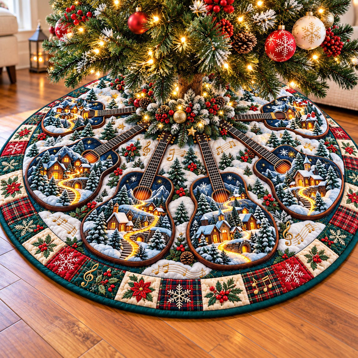 Winter Guitar Village Christmas Tree Skirt