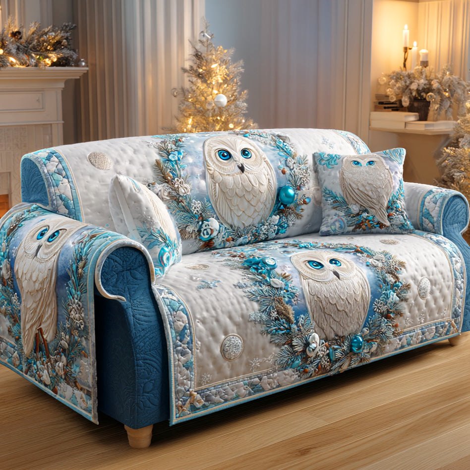Snowy Owls with Blue Ornaments Sofa Cover