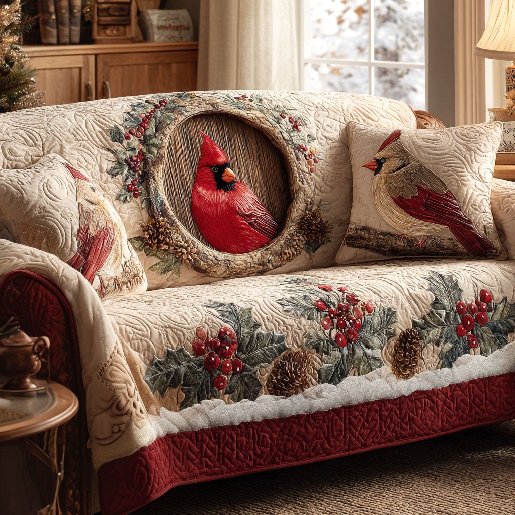 Cardinals with Pine Cones and Berries Sofa Cover