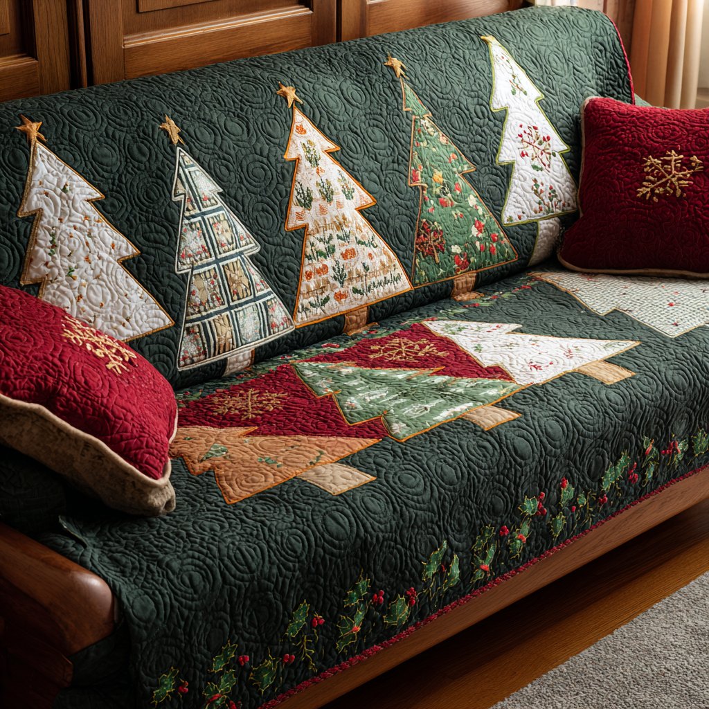 Christmas Trees on Green and Red Patchwork Sofa Cover
