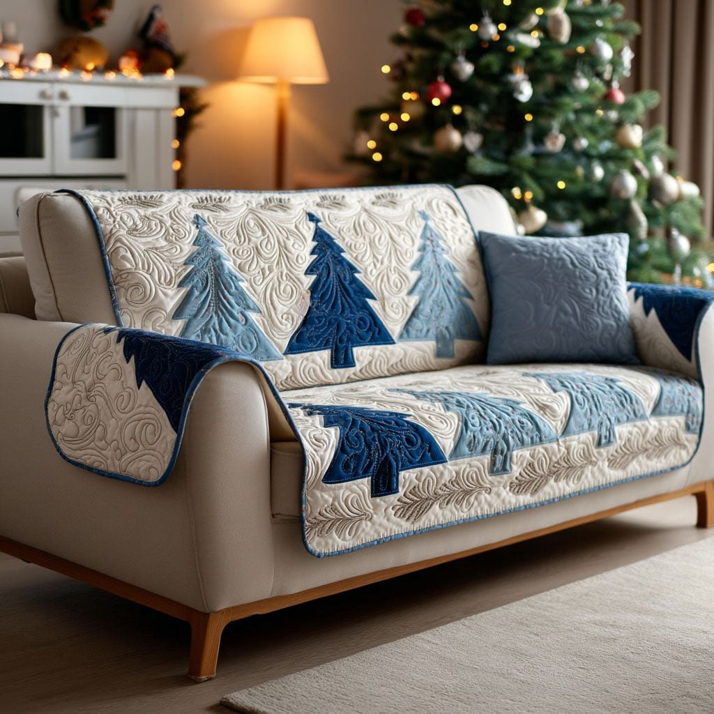 Blue Christmas Trees on Cream Sofa Cover