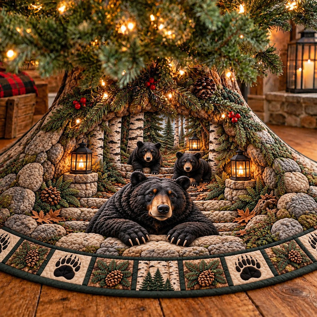Black Bear Family Paw Border Christmas Tree Skirt