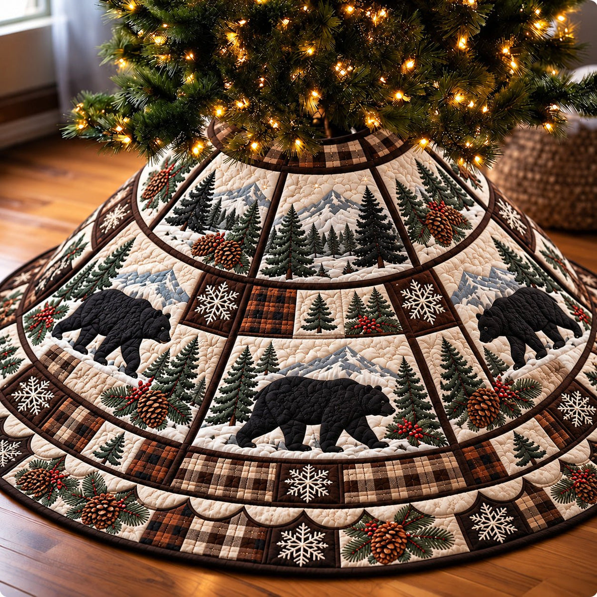 Black Bear Plaid Panels Christmas Tree Skirt