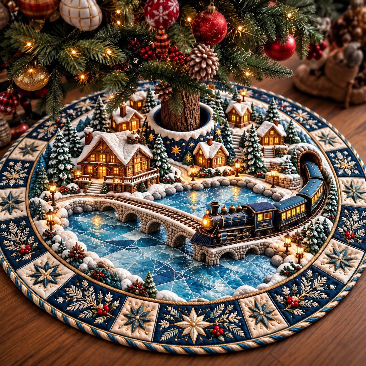 Winter Village Train Christmas Tree Skirt