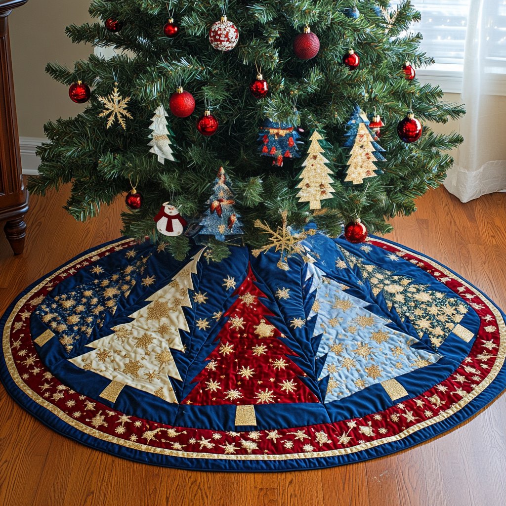 Patch Trees on the Starry Navy Christmas Tree Skirt