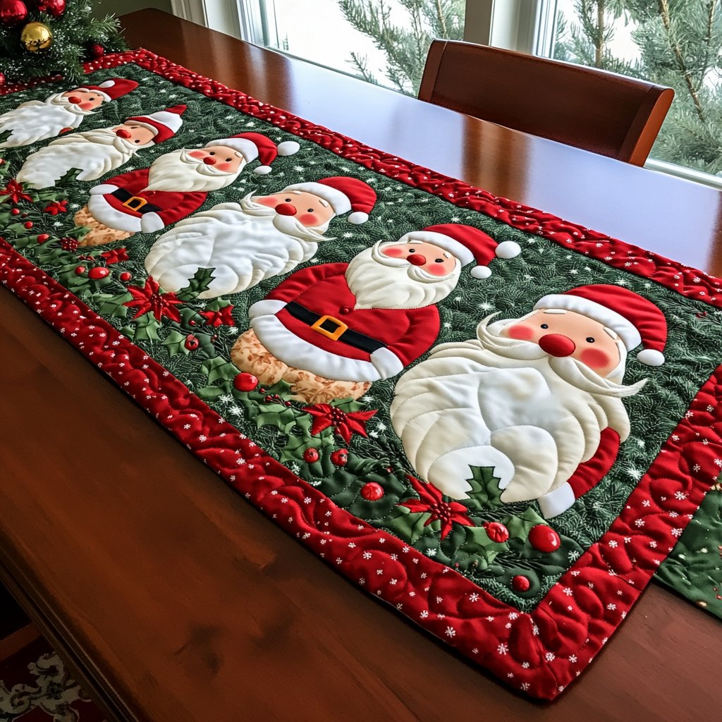 Santa Faces on Green with Berries Table Runner