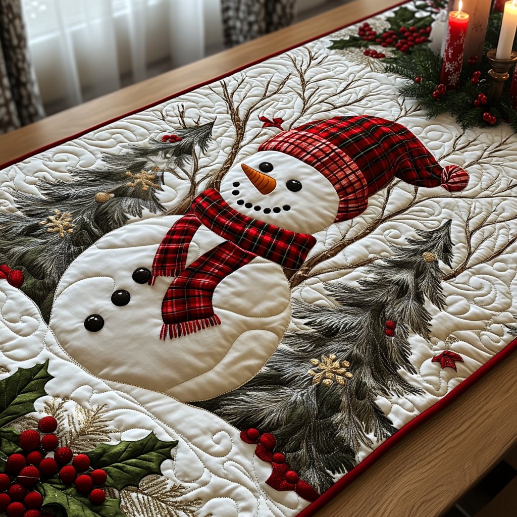 Snowman in Red Scarf with Pines Table Runner