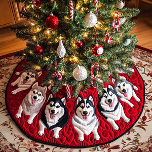 Huskies in Santa Hats on Crimson in Christmas Tree Skirt - Made to Order