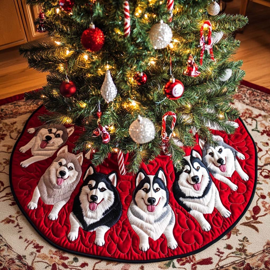 Huskies in Santa Hats on Crimson in Christmas Tree Skirt