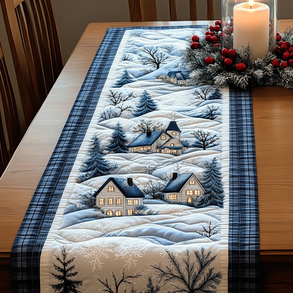 Snowy Village on Blue Plaid Table Runner