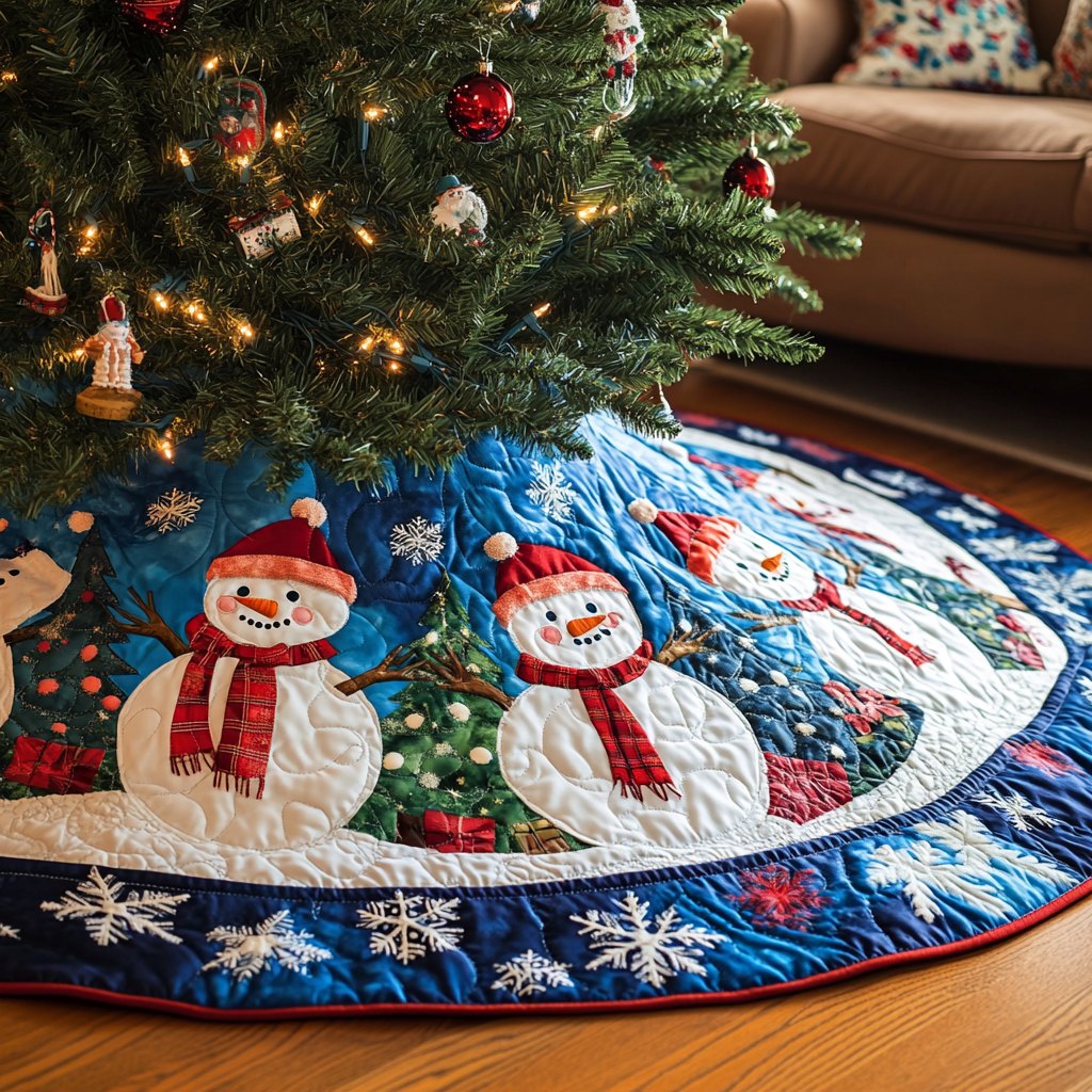 Snowmen on the Blue Snowflake Ring in Christmas Tree Skirt