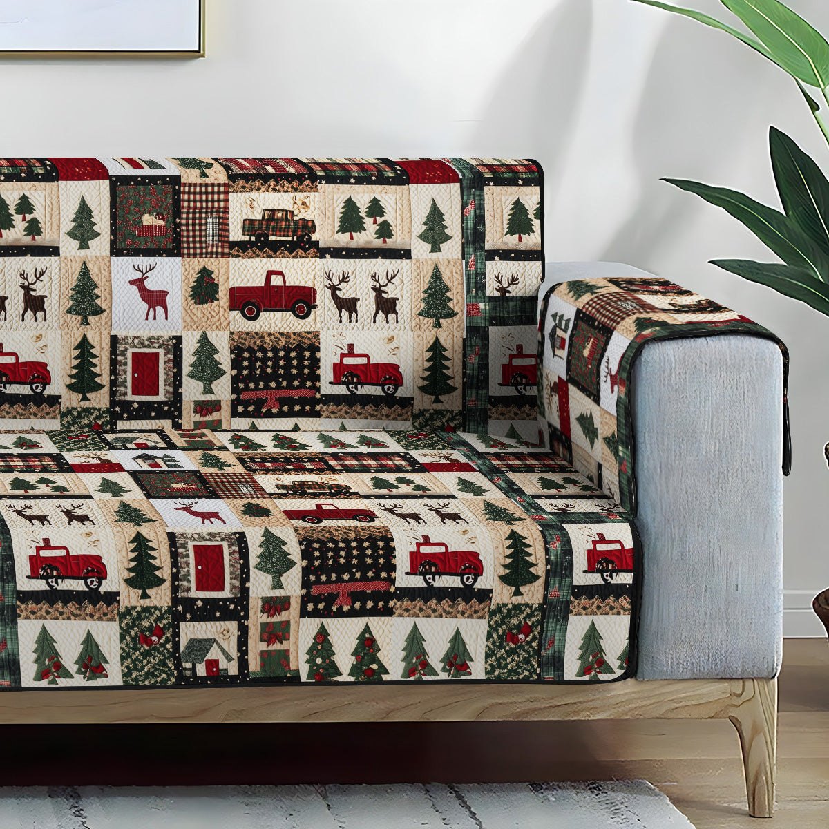 Red Trucks and Deer Farmhouse Patchwork Sofa Cover
