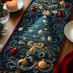 Gold Ornaments on Teal Swirls Table Runner