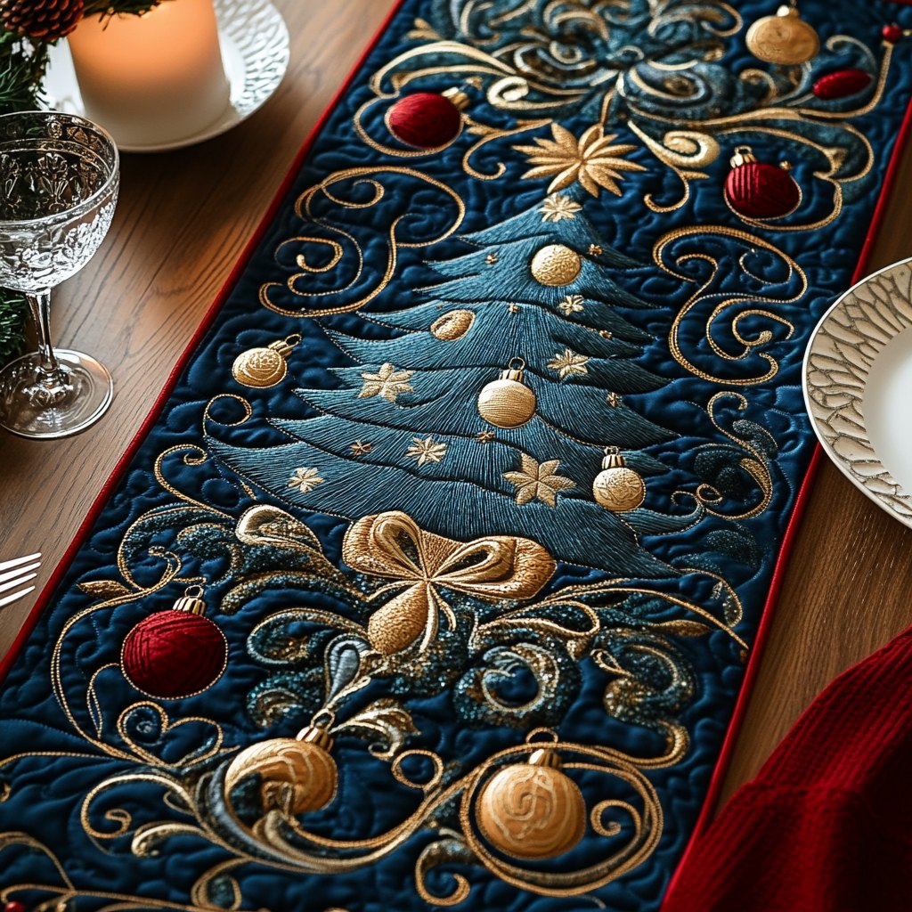 Gold Ornaments on Teal Swirls Table Runner