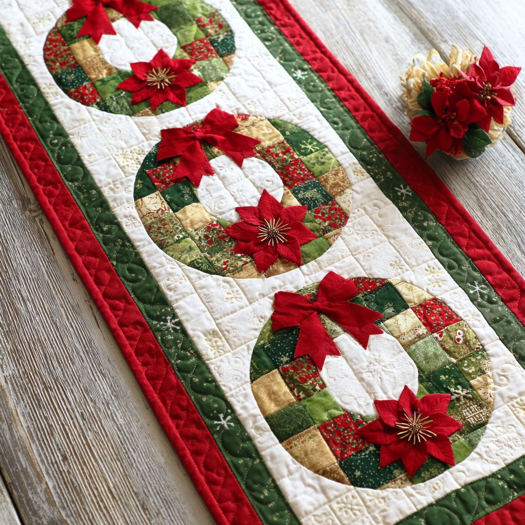 Poinsettia Wreath Blocks on Green Table Runner