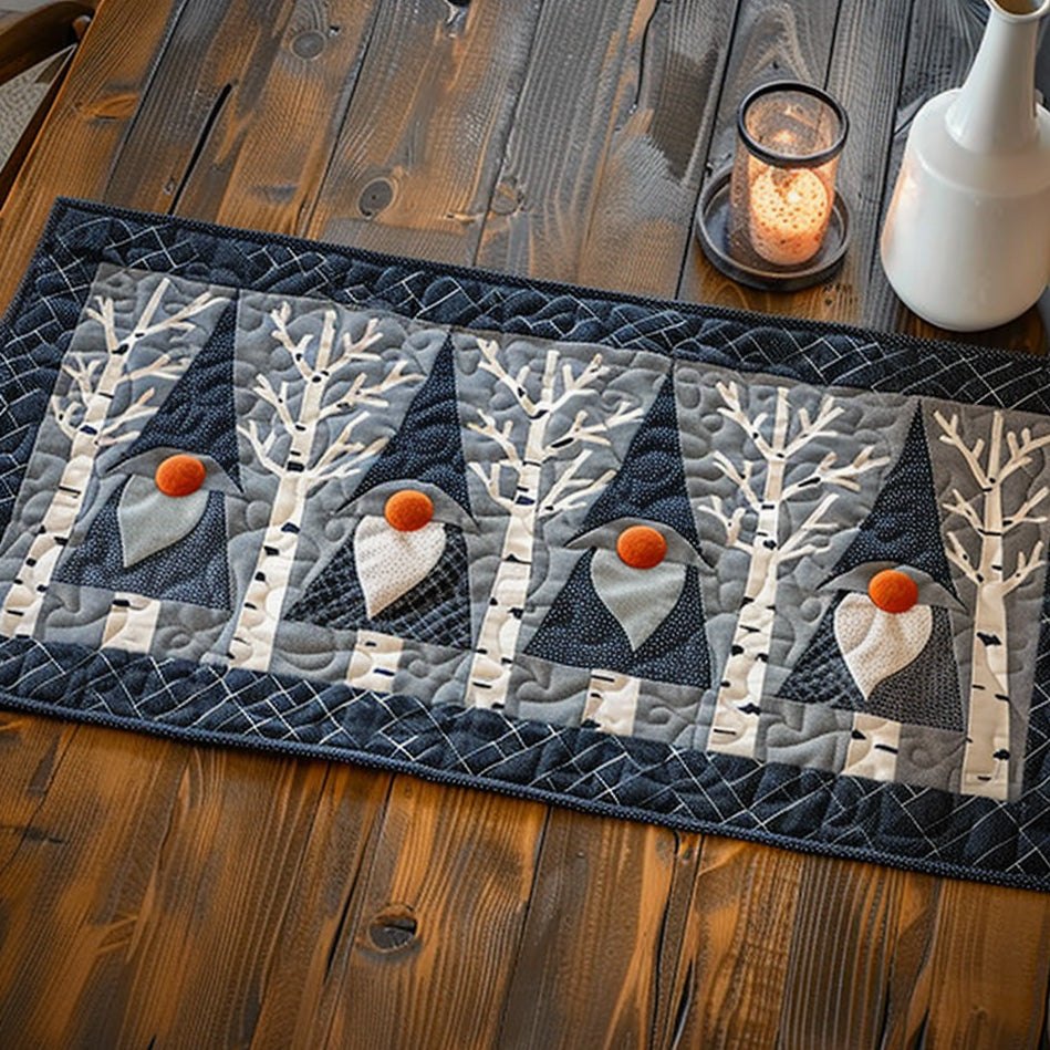 Gnomes Among Birch Trees on Grey Table Runner