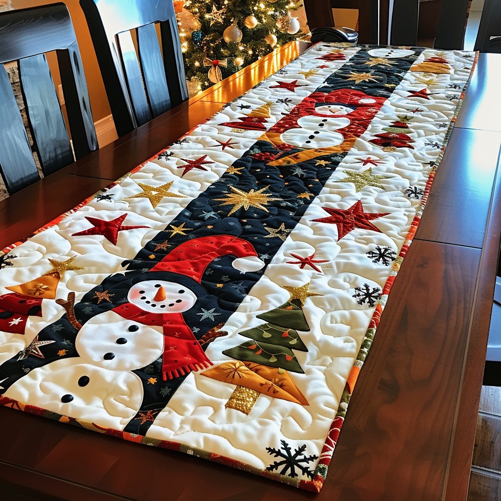 Snowman with Trees and Stars on Black Table Runner