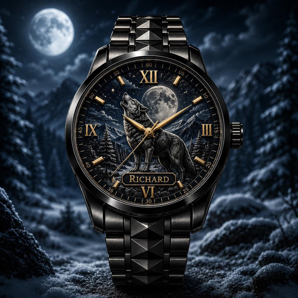 Personalized Wolf Moon Watch with a custom name set into the design