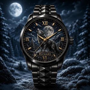 Personalized Wolf Moon Watch with Custom Name - Men's & Women's, Leather or Metal Strap - Gift