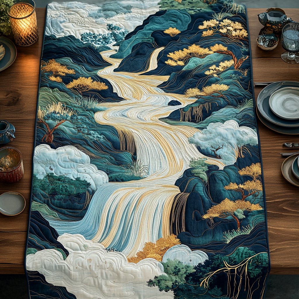 Woodblock Japanese Style Waterfall Table Runner