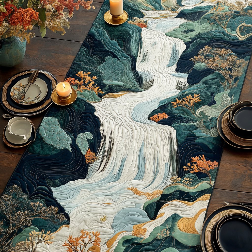 Woodblock Japanese Waterfall Table Runner