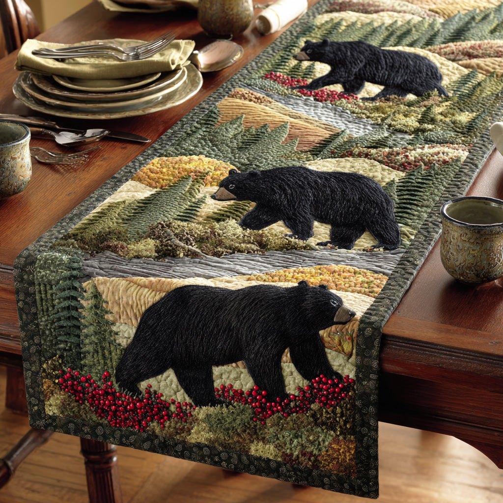 Black Bears in Grassy Field Table Runner