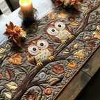 Owls on Branch with Autumn Leaves Table Runner
