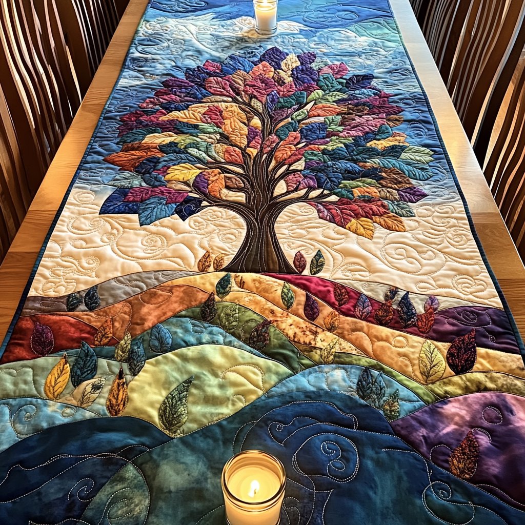 Autumn Tree on Colorful Hills Table Runner