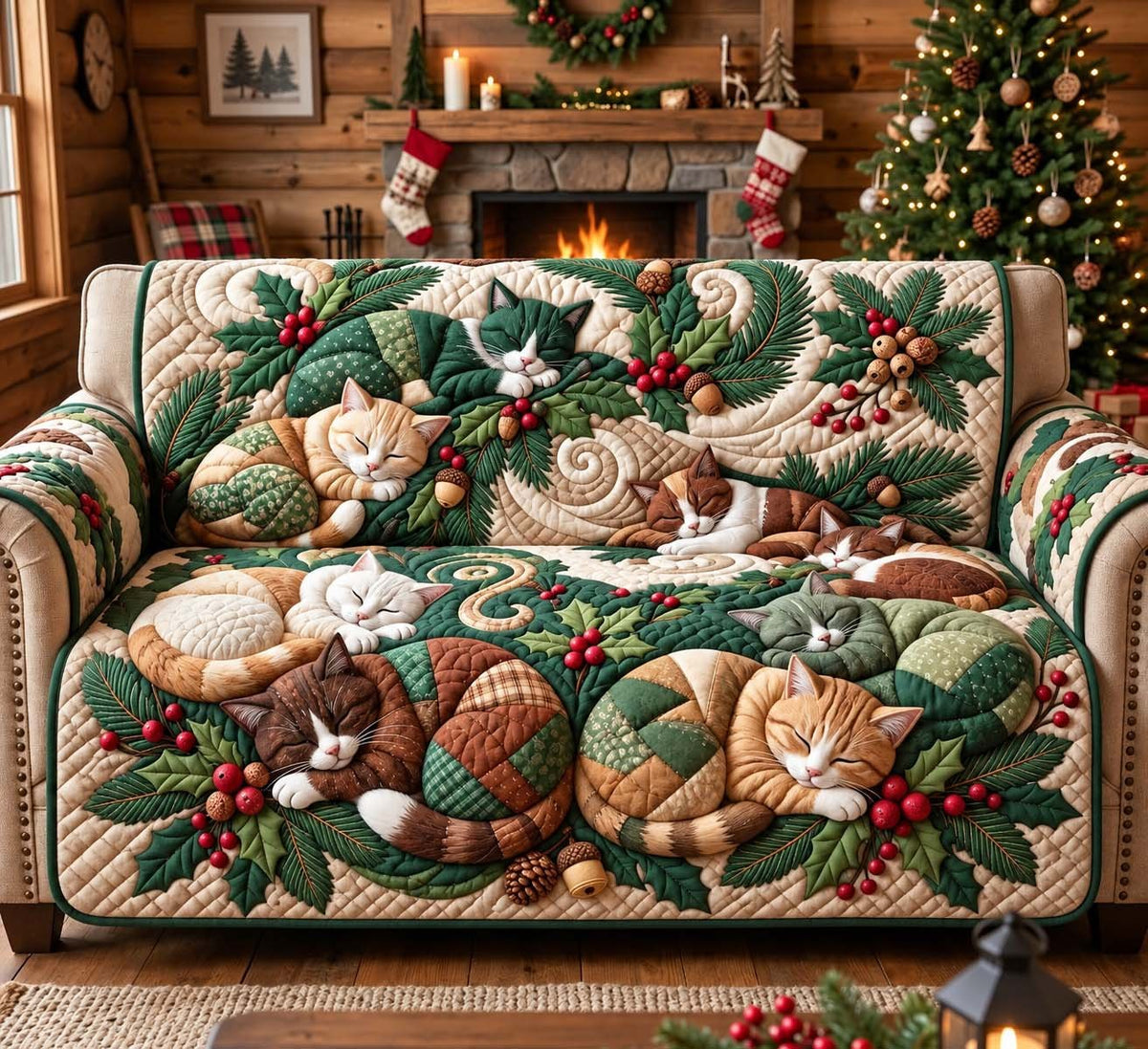 Woodland Christmas Cats Sofa Cover