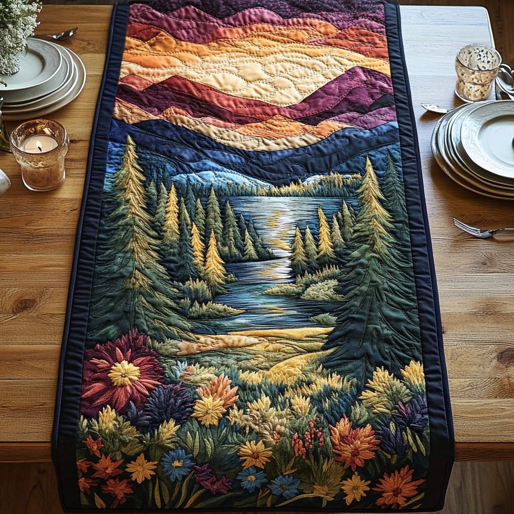 Forest River with Autumn Flowers Table Runner