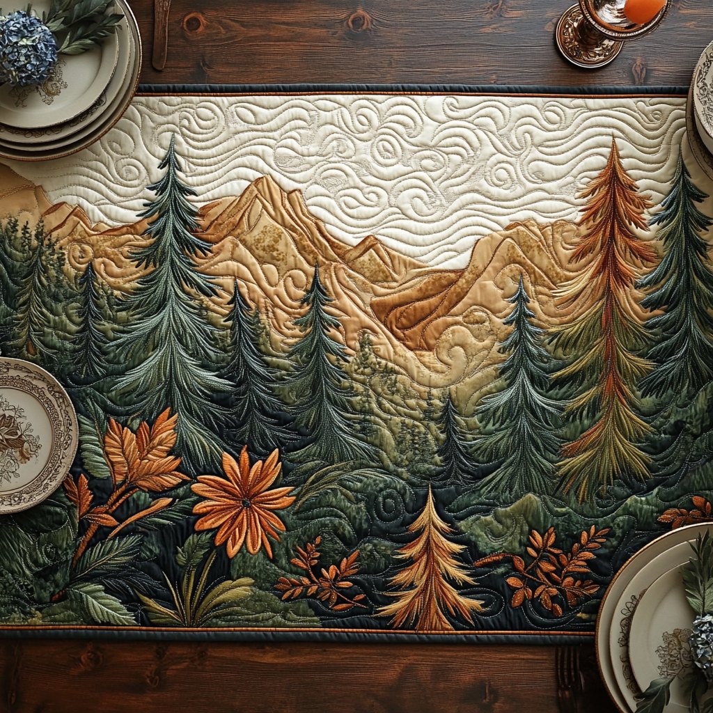 Pine Forest with Autumn Flowers Table Runner