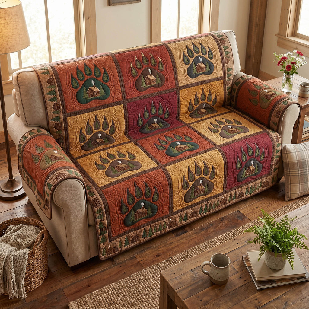 Bear Paw Prints on Rust Squares Sofa Cover
