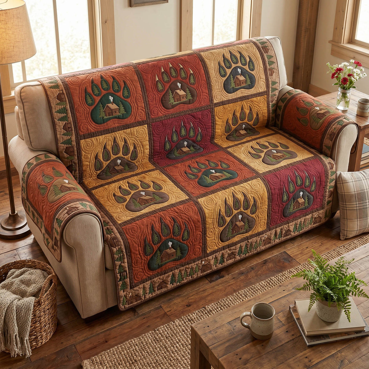 Bear Paw Prints on Rust Squares Sofa Cover
