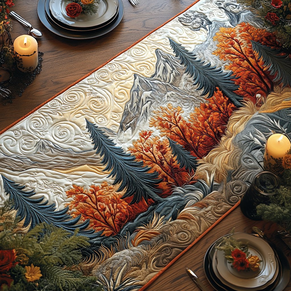 Pine Trees with Autumn Leaves Table Runner