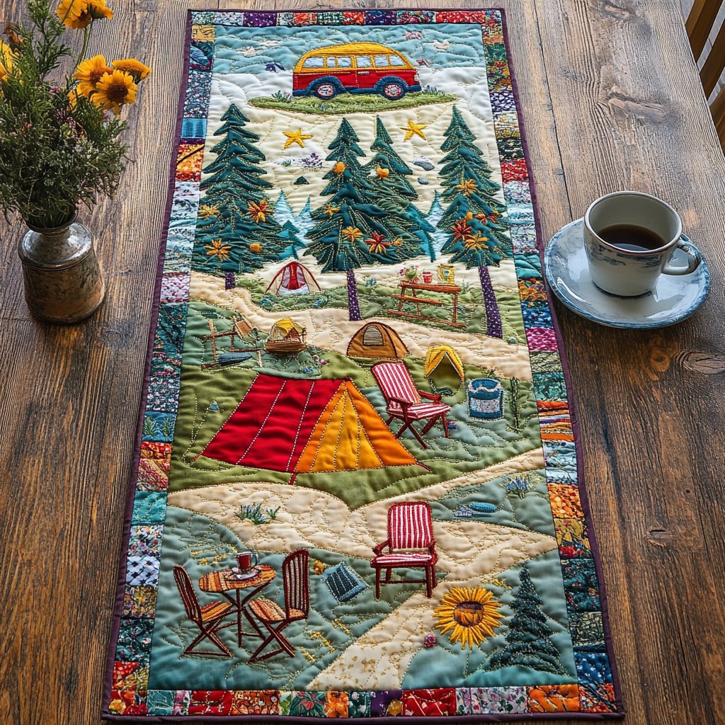 Camping Scene with Red Tent Table Runner