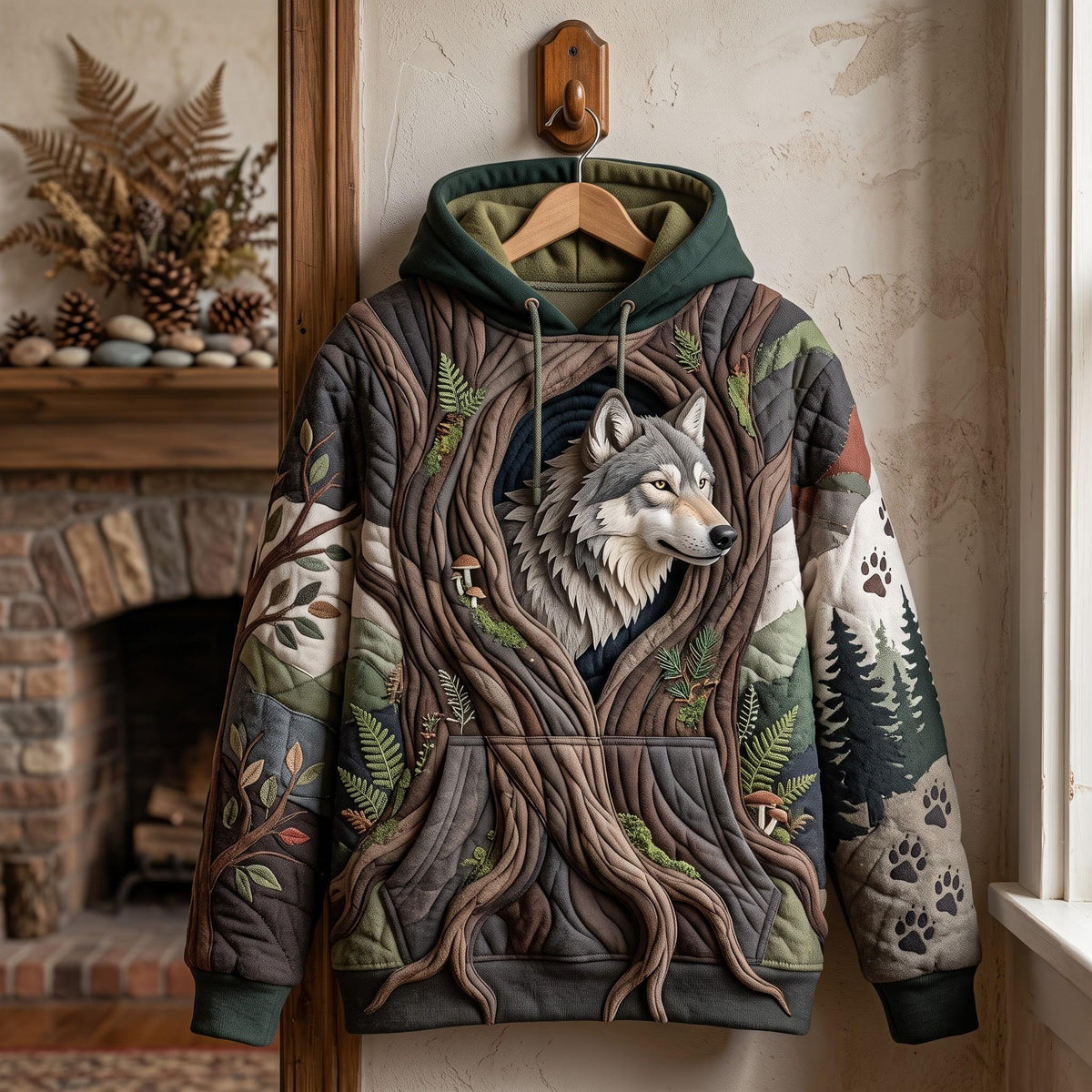 Woodland Wolf hoodie, all-over print