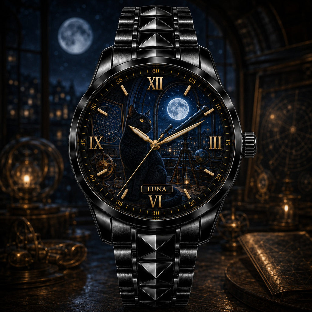 Custom Moonlit Black Cat Observatory Watch — personalized with a custom name