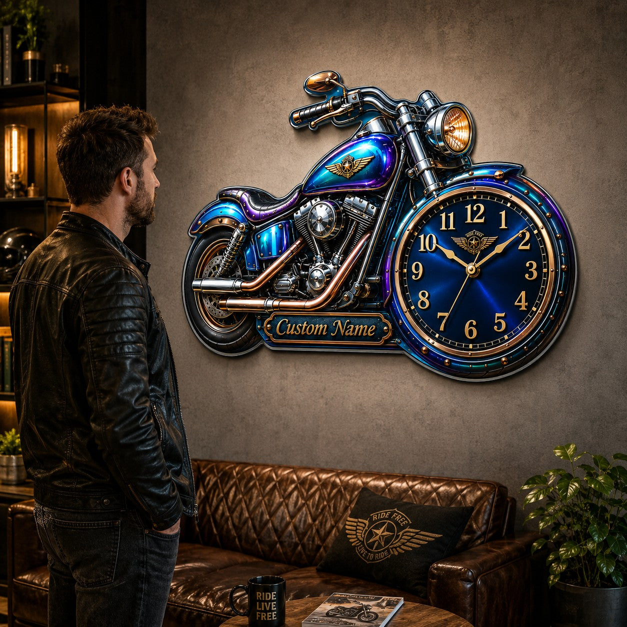 Motorcycle-shaped Custom Name Wall Clock — personalized with a custom name
