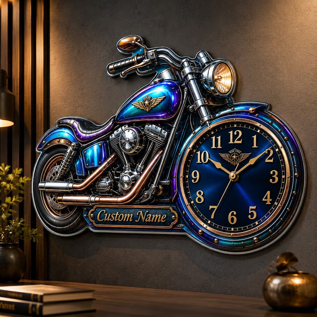 Motorcycle-shaped Custom Name Wall Clock — personalized with a custom name