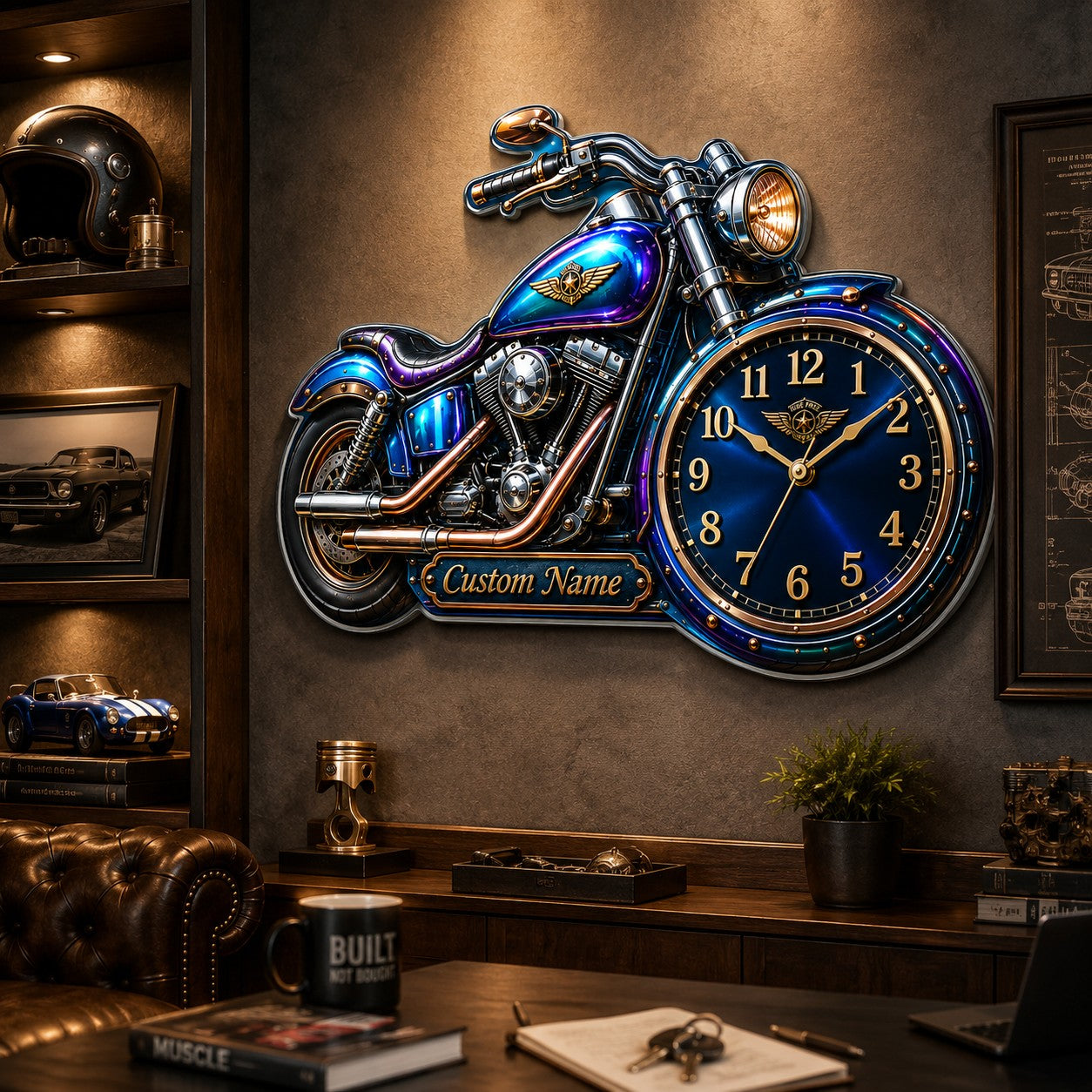 Motorcycle-shaped Custom Name Wall Clock — personalized with a custom name