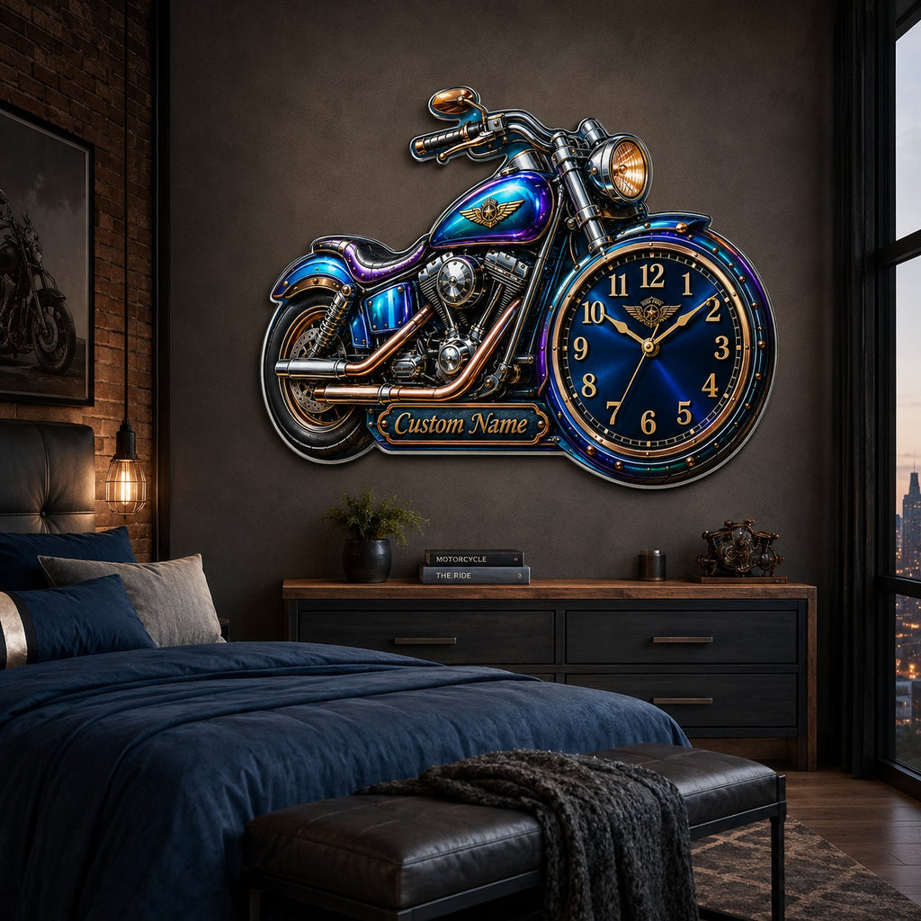 Motorcycle-shaped Custom Name Wall Clock — personalized with a custom name