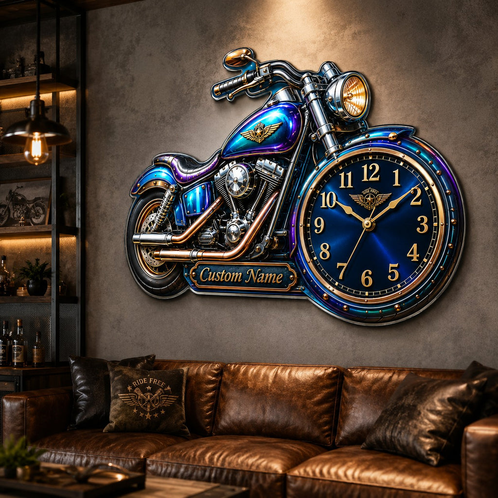 Motorcycle-shaped Custom Name Wall Clock — personalized with a custom name