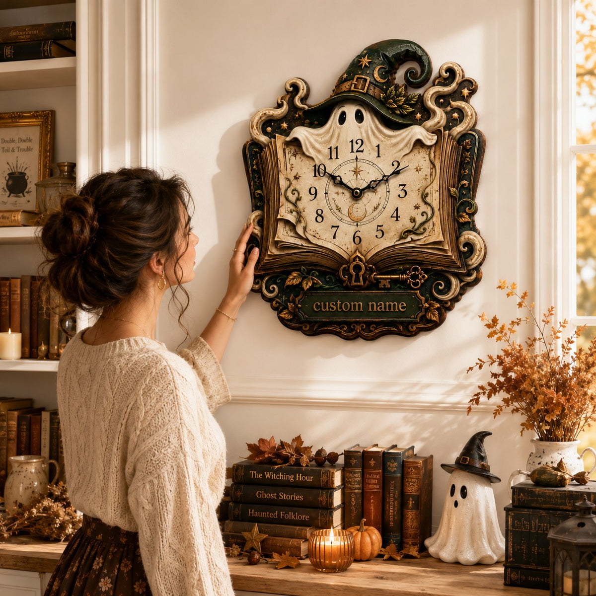 Witch Ghost Enchanted Book Wall Clock — personalized with a custom name