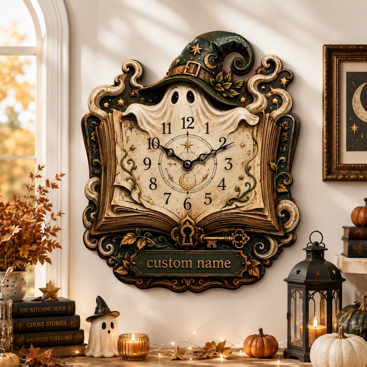 Witch Ghost Enchanted Book Wall Clock — personalized with a custom name