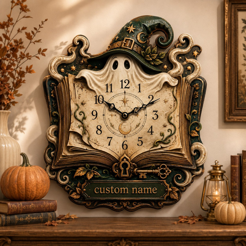 Witch Ghost Enchanted Book Wall Clock — personalized with a custom name