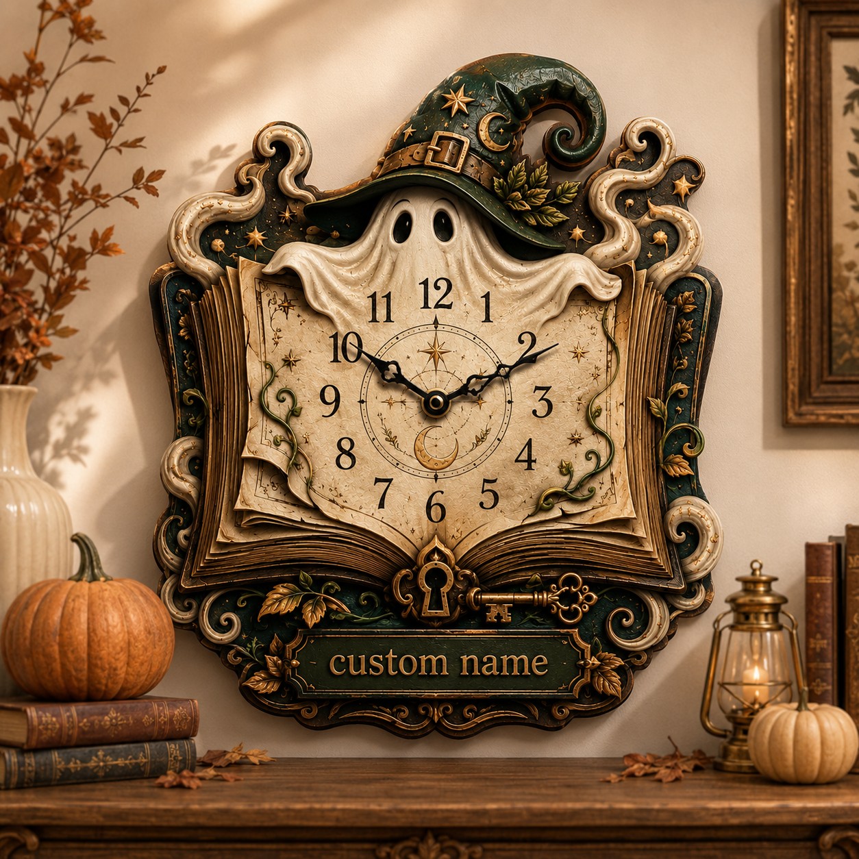 Witch Ghost Enchanted Book Wall Clock — personalized with a custom name