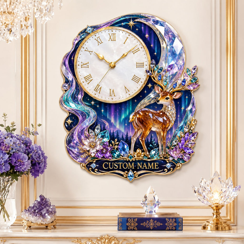 Personalized aurora deer and crystal moon wall clock — personalized with a custom name